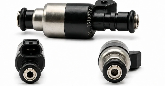 802632T MerCruiser fuel injector identification views showing metal body, electrical connector, O-rings and injector ends