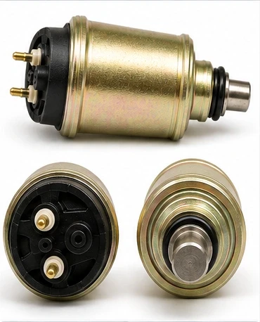 852956A1 MerCruiser TBI fuel injector identification views showing cylindrical metal body, dual electrical pins and straight nozzle end