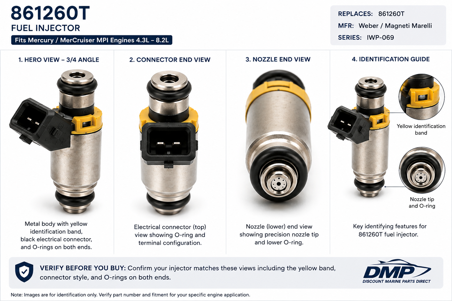 861260T MerCruiser fuel injector identification views showing metal body, yellow identification band, electrical connector and injector ends