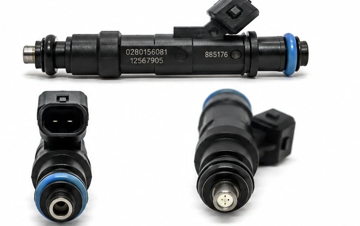 885176 MerCruiser fuel injector identification views showing black body, electrical connector, seals and injector ends
