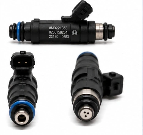 8M0221353 MerCruiser 496 8.1L fuel injector identification views showing black composite body, electrical connector, seals and nozzle end