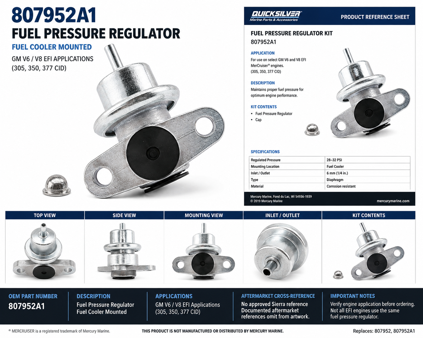 807952A1 Mercury MerCruiser fuel pressure regulator product reference sheet