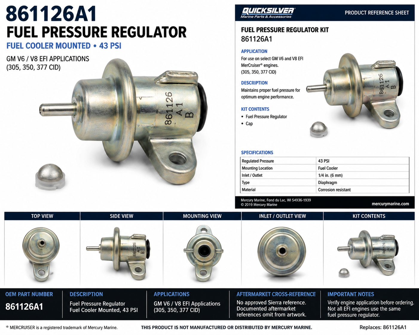 861126A1 Mercury MerCruiser 43 PSI fuel pressure regulator product reference sheet