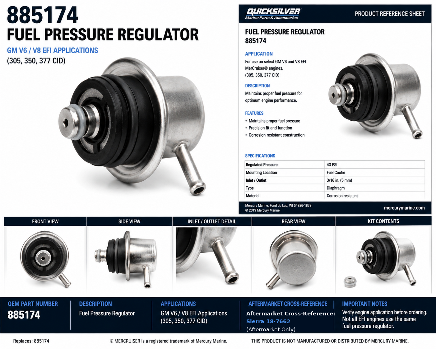 885174 Mercury MerCruiser fuel pressure regulator product reference sheet