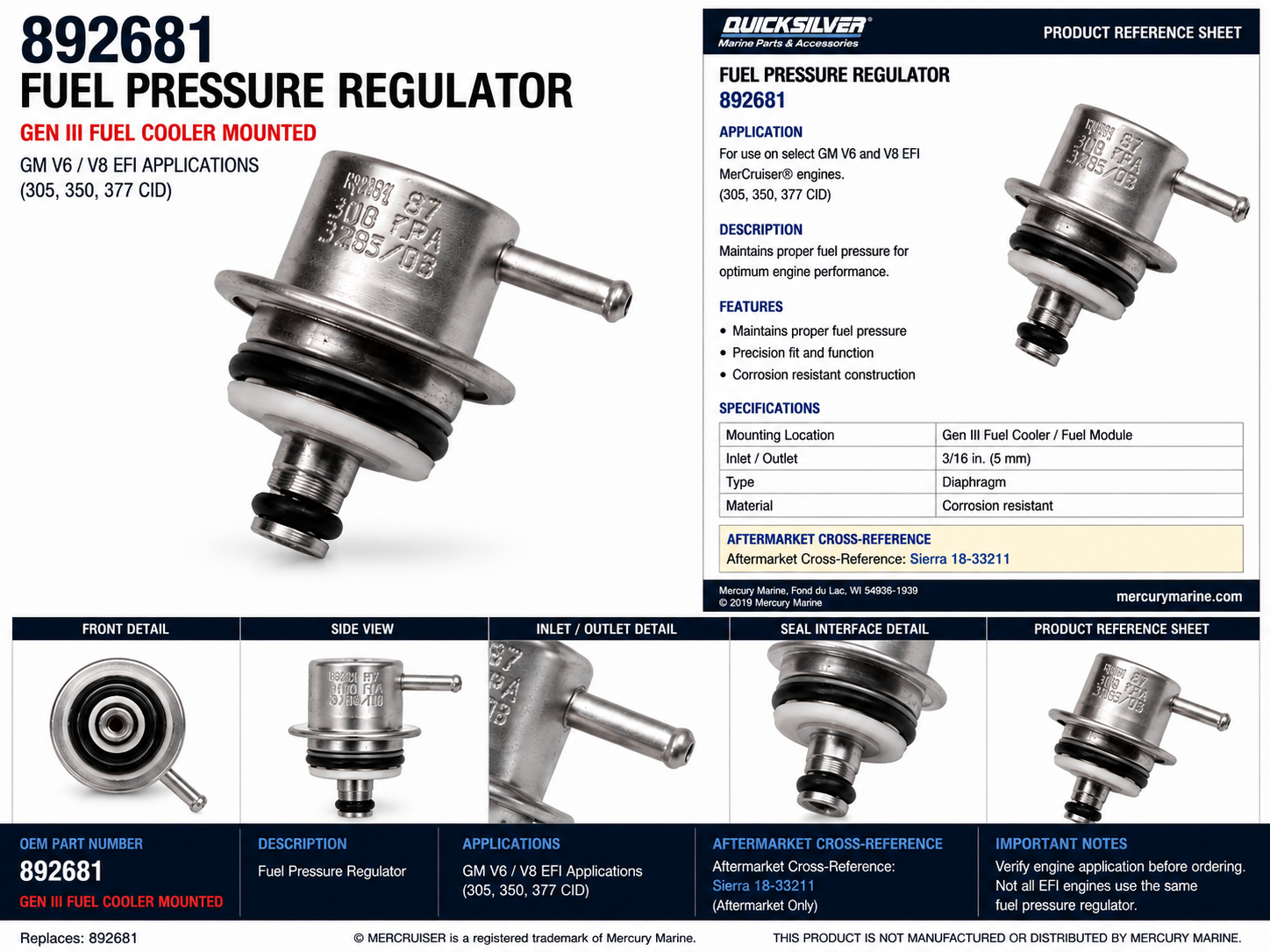 892681 Mercury MerCruiser fuel pressure regulator product reference sheet