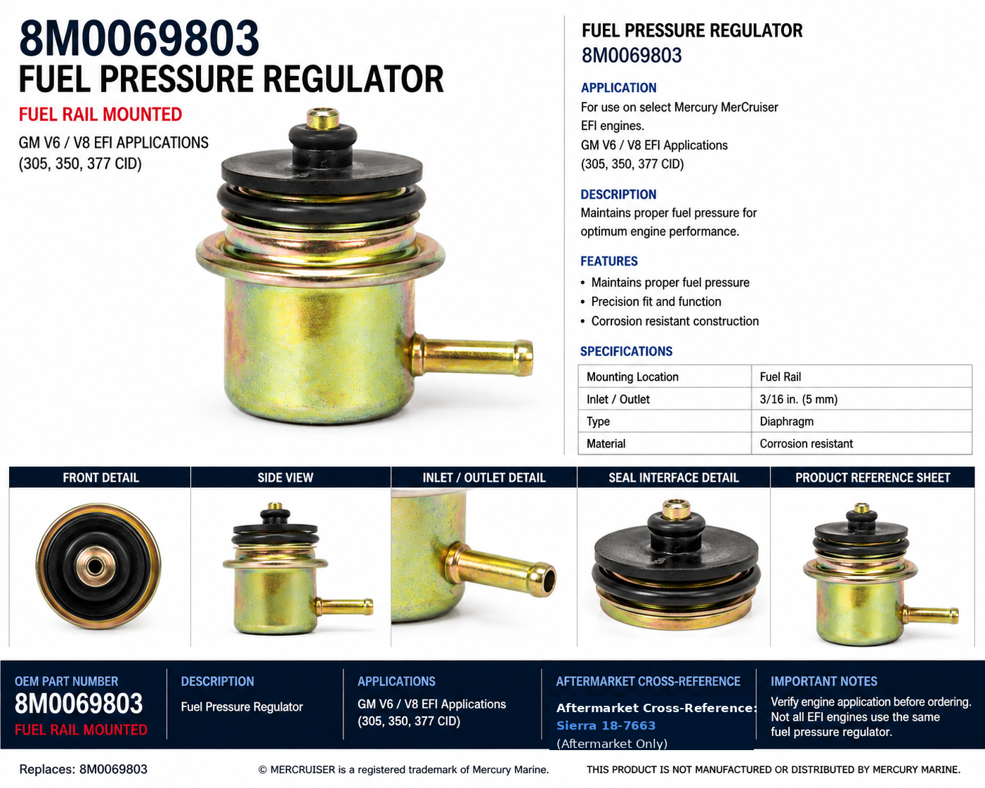 8M0069803 Mercury MerCruiser fuel pressure regulator product reference sheet