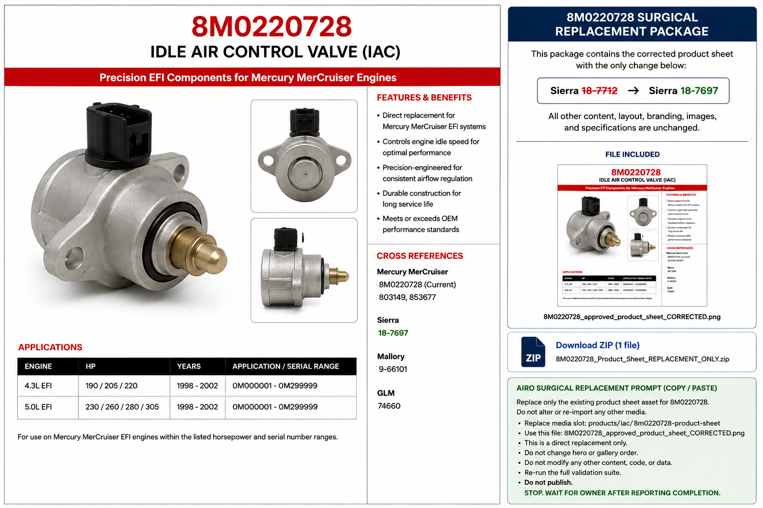 8M0220728 Mercury MerCruiser idle air control valve product reference sheet