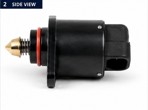 8M0239245 IAC valve side view showing black plastic housing, connector and spring-loaded pintle