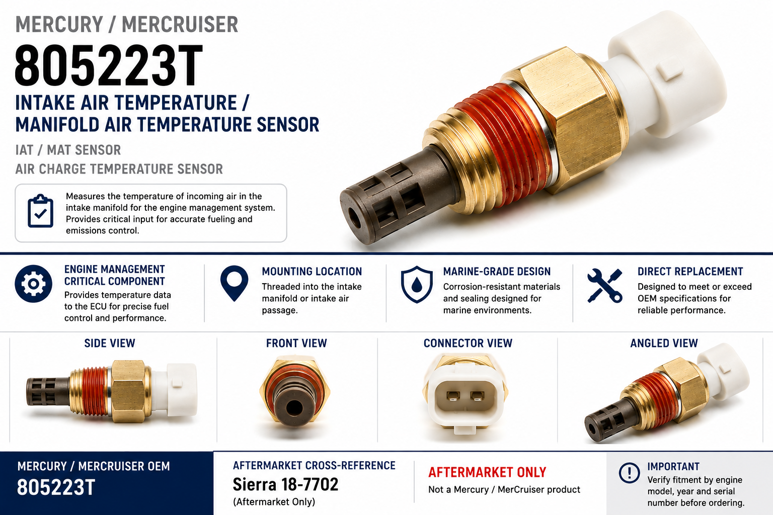 805223T Mercury MerCruiser intake air temperature sensor product reference sheet with Sierra 18-7702 aftermarket cross-reference
